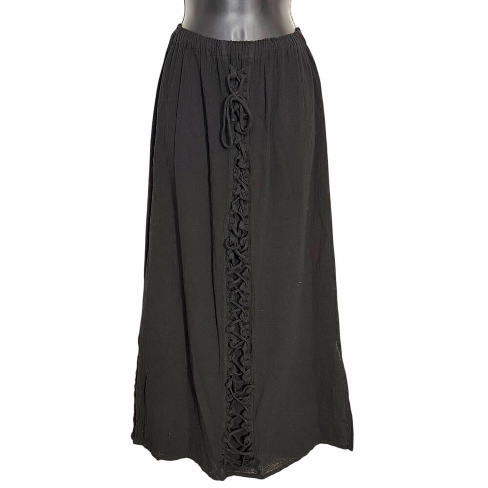 Vtg Y2K Oh My Gauze Lace Up Maxi Skirt 1 Fits S Black Cotton Witchy Whimsigoth